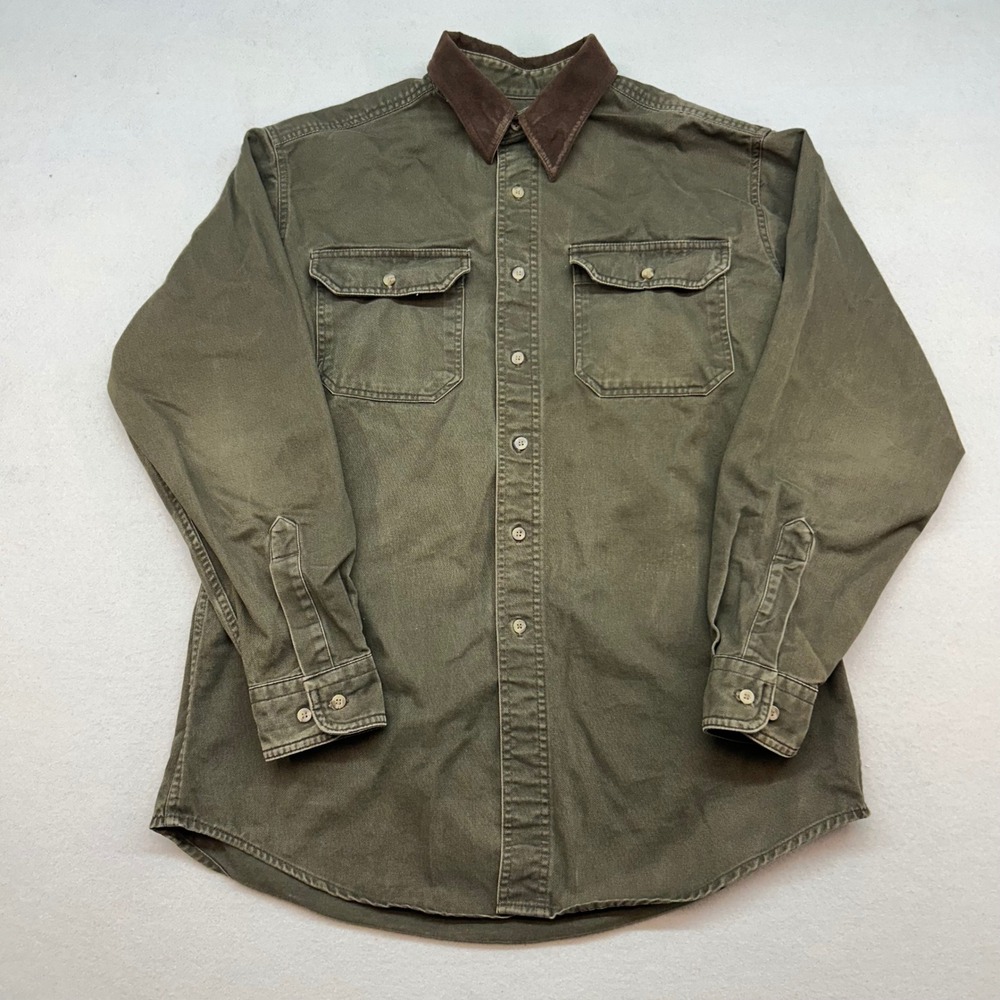 Vintage Woolrich Mens Olive Green Cotton Twill Button Down Corduroy Collar sz L